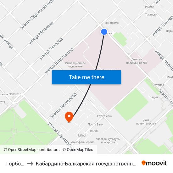 Горбольница №1 to Кабардино-Балкарская государственная сельскохозяйственная академия имени В.М. Кокова. map