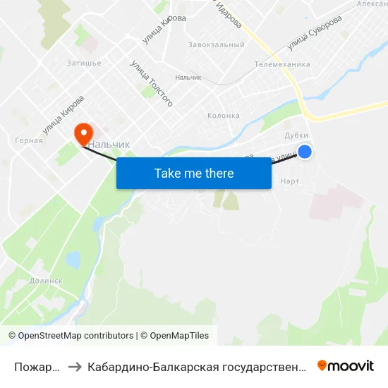 Пожарная Часть №2 to Кабардино-Балкарская государственная сельскохозяйственная академия имени В.М. Кокова. map
