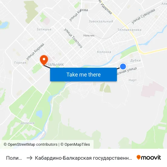 Поликлиника №1 to Кабардино-Балкарская государственная сельскохозяйственная академия имени В.М. Кокова. map