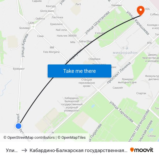 Улица Гугова to Кабардино-Балкарская государственная сельскохозяйственная академия имени В.М. Кокова. map