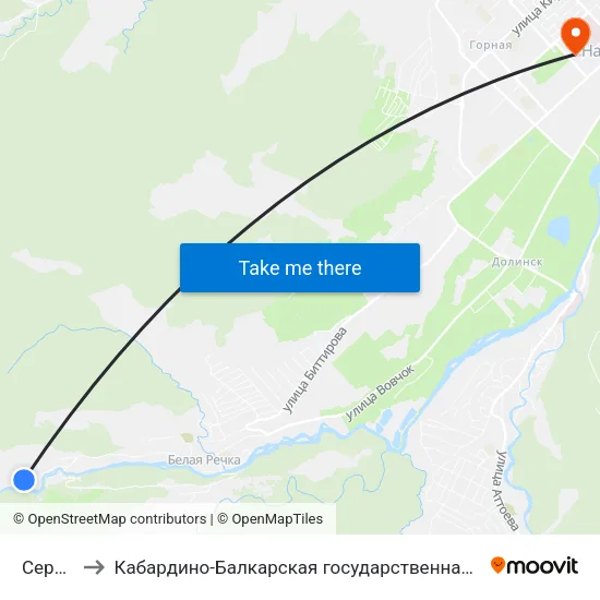 Серная Улица to Кабардино-Балкарская государственная сельскохозяйственная академия имени В.М. Кокова. map