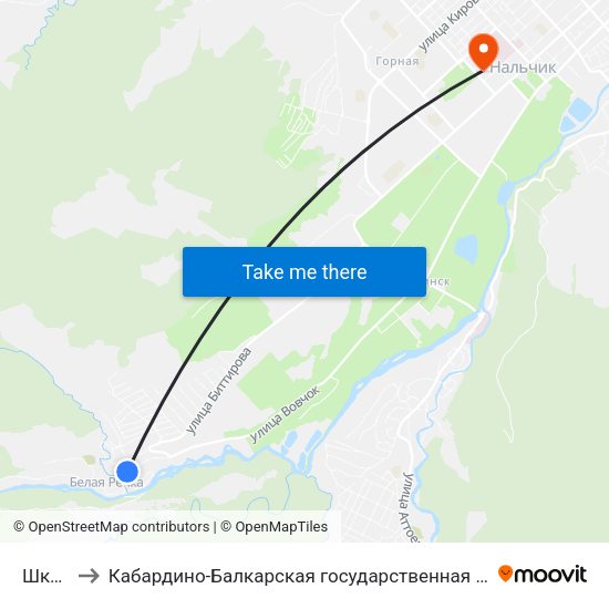 Школа №15 to Кабардино-Балкарская государственная сельскохозяйственная академия имени В.М. Кокова. map