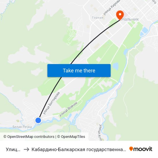 Улица Жабоева to Кабардино-Балкарская государственная сельскохозяйственная академия имени В.М. Кокова. map
