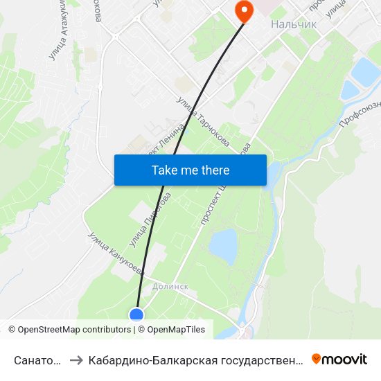 Санаторий Звёздочка to Кабардино-Балкарская государственная сельскохозяйственная академия имени В.М. Кокова. map