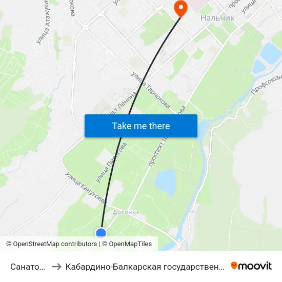 Санаторий Звёздочка to Кабардино-Балкарская государственная сельскохозяйственная академия имени В.М. Кокова. map
