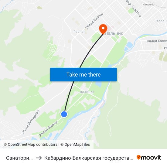 Санаторий Долина Нарзанов to Кабардино-Балкарская государственная сельскохозяйственная академия имени В.М. Кокова. map