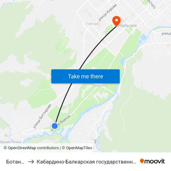 Ботанический Сад to Кабардино-Балкарская государственная сельскохозяйственная академия имени В.М. Кокова. map