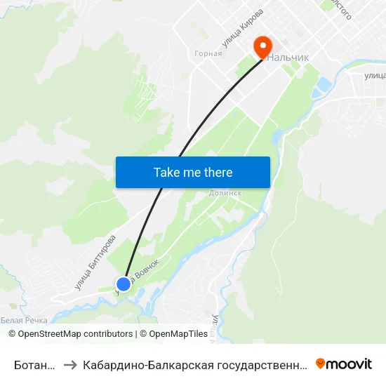 Ботанический Сад to Кабардино-Балкарская государственная сельскохозяйственная академия имени В.М. Кокова. map