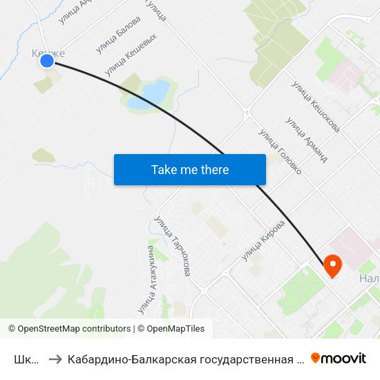 Школа №20 to Кабардино-Балкарская государственная сельскохозяйственная академия имени В.М. Кокова. map