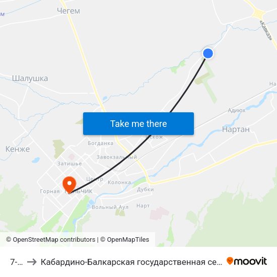 7-Й Км to Кабардино-Балкарская государственная сельскохозяйственная академия имени В.М. Кокова. map