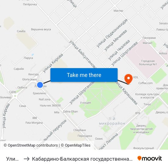 Улица Кирова to Кабардино-Балкарская государственная сельскохозяйственная академия имени В.М. Кокова. map