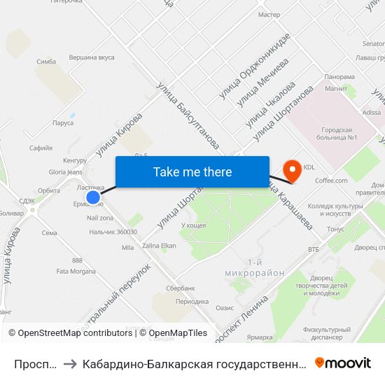 Проспект Кулиева to Кабардино-Балкарская государственная сельскохозяйственная академия имени В.М. Кокова. map