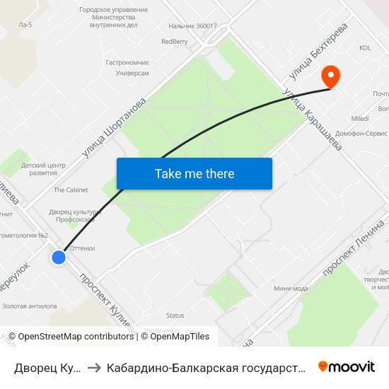 Дворец Культуры Профсоюзов to Кабардино-Балкарская государственная сельскохозяйственная академия имени В.М. Кокова. map