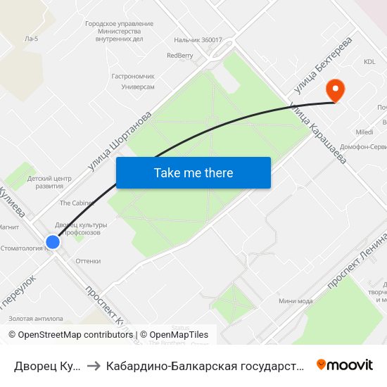 Дворец Культуры Профсоюзов to Кабардино-Балкарская государственная сельскохозяйственная академия имени В.М. Кокова. map