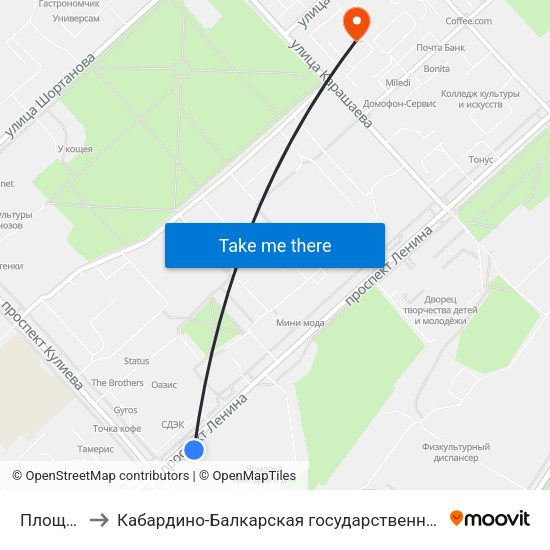 Площадь Абхазии to Кабардино-Балкарская государственная сельскохозяйственная академия имени В.М. Кокова. map