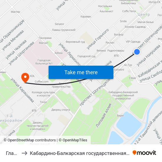 Главпочтамт to Кабардино-Балкарская государственная сельскохозяйственная академия имени В.М. Кокова. map