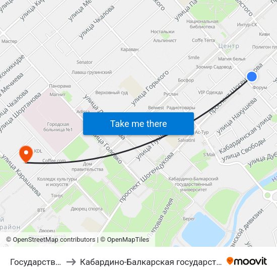 Государственный Концертный Зал to Кабардино-Балкарская государственная сельскохозяйственная академия имени В.М. Кокова. map