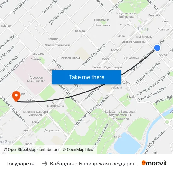 Государственный Концертный Зал to Кабардино-Балкарская государственная сельскохозяйственная академия имени В.М. Кокова. map