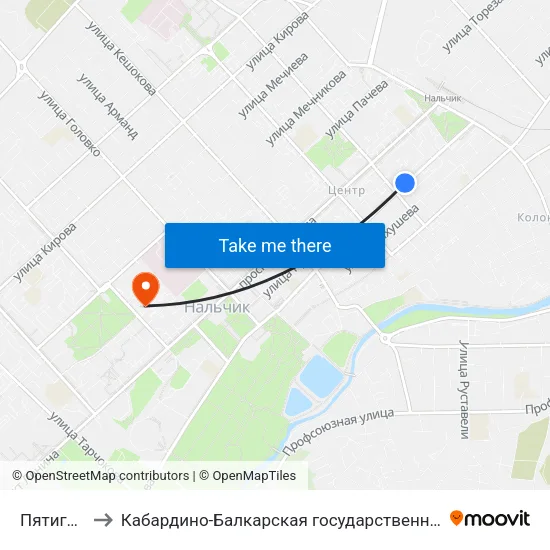 Пятигорская Улица to Кабардино-Балкарская государственная сельскохозяйственная академия имени В.М. Кокова. map