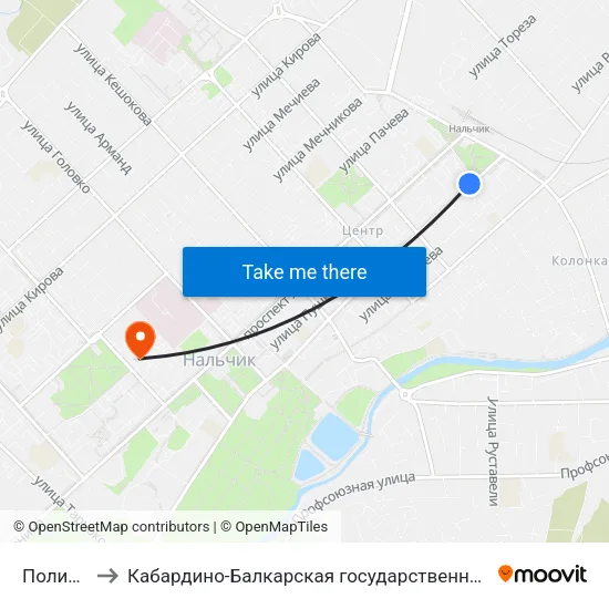 Поликлиника №3 to Кабардино-Балкарская государственная сельскохозяйственная академия имени В.М. Кокова. map