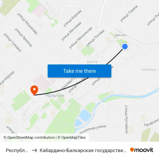 Республиканская Мечеть to Кабардино-Балкарская государственная сельскохозяйственная академия имени В.М. Кокова. map