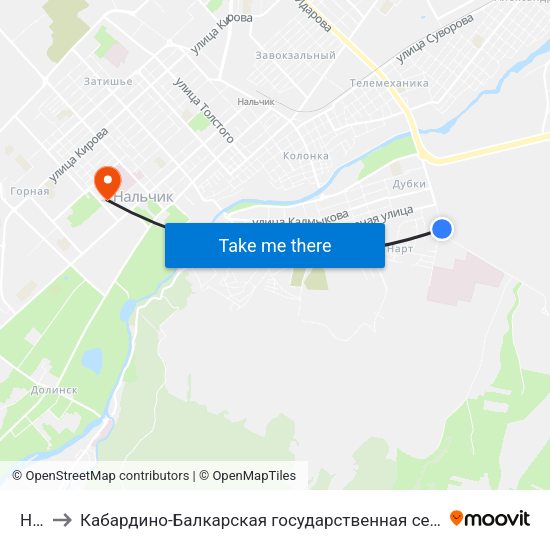 Нарт-3 to Кабардино-Балкарская государственная сельскохозяйственная академия имени В.М. Кокова. map