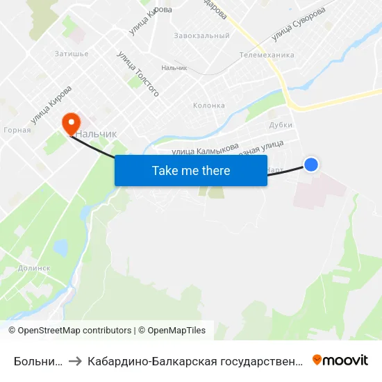 Больничный Городок to Кабардино-Балкарская государственная сельскохозяйственная академия имени В.М. Кокова. map