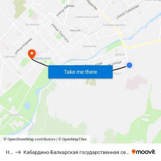 Нарт-3 to Кабардино-Балкарская государственная сельскохозяйственная академия имени В.М. Кокова. map
