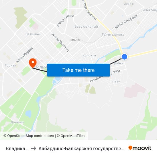 Владикавказское Шоссе to Кабардино-Балкарская государственная сельскохозяйственная академия имени В.М. Кокова. map