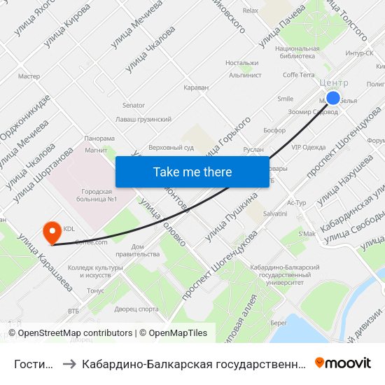 Гостиница Россия to Кабардино-Балкарская государственная сельскохозяйственная академия имени В.М. Кокова. map