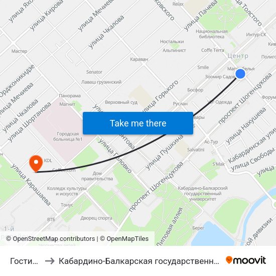 Гостиница Россия to Кабардино-Балкарская государственная сельскохозяйственная академия имени В.М. Кокова. map
