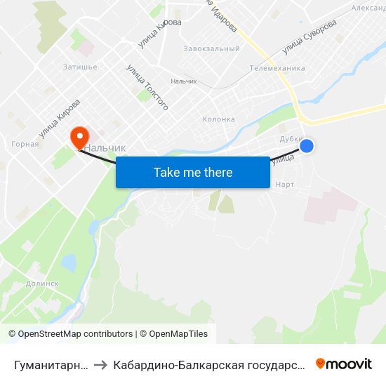 Гуманитарно-Технический Колледж to Кабардино-Балкарская государственная сельскохозяйственная академия имени В.М. Кокова. map