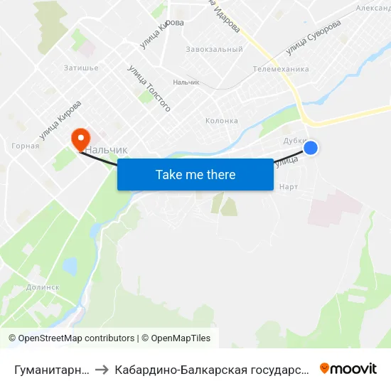 Гуманитарно-Технический Колледж to Кабардино-Балкарская государственная сельскохозяйственная академия имени В.М. Кокова. map