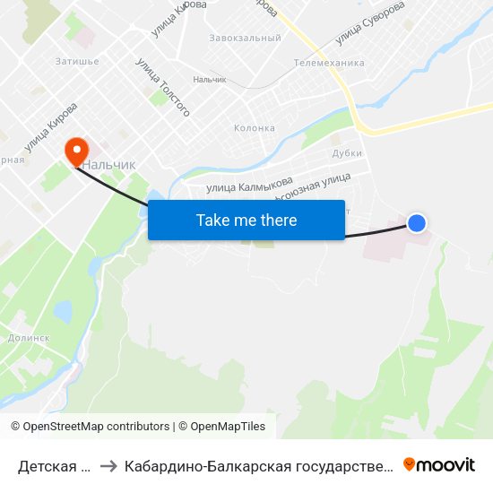 Детская Поликлиника №2 to Кабардино-Балкарская государственная сельскохозяйственная академия имени В.М. Кокова. map