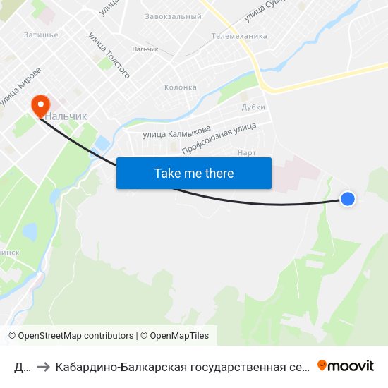 Дубки to Кабардино-Балкарская государственная сельскохозяйственная академия имени В.М. Кокова. map