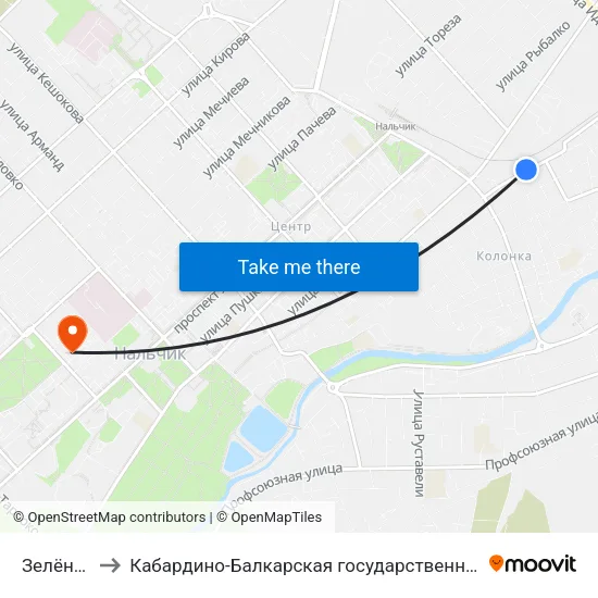Зелёный Переулок to Кабардино-Балкарская государственная сельскохозяйственная академия имени В.М. Кокова. map