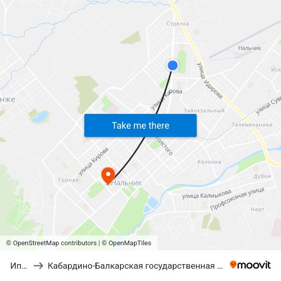 Ипподром to Кабардино-Балкарская государственная сельскохозяйственная академия имени В.М. Кокова. map