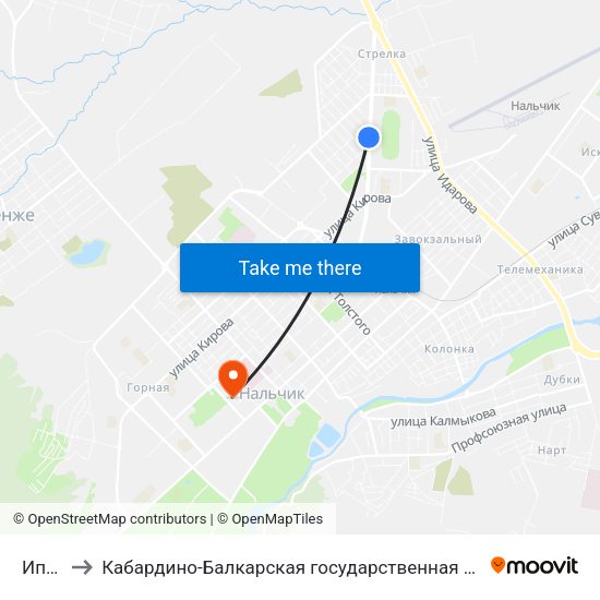 Ипподром to Кабардино-Балкарская государственная сельскохозяйственная академия имени В.М. Кокова. map