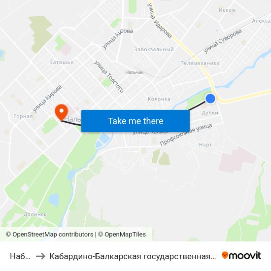Набережная to Кабардино-Балкарская государственная сельскохозяйственная академия имени В.М. Кокова. map