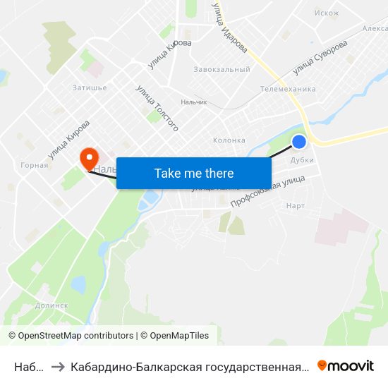 Набережная to Кабардино-Балкарская государственная сельскохозяйственная академия имени В.М. Кокова. map