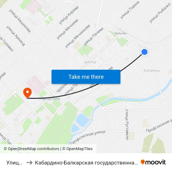 Улица Суворова to Кабардино-Балкарская государственная сельскохозяйственная академия имени В.М. Кокова. map
