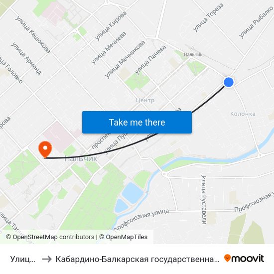 Улица Суворова to Кабардино-Балкарская государственная сельскохозяйственная академия имени В.М. Кокова. map