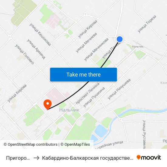 Пригородный Автовокзал to Кабардино-Балкарская государственная сельскохозяйственная академия имени В.М. Кокова. map