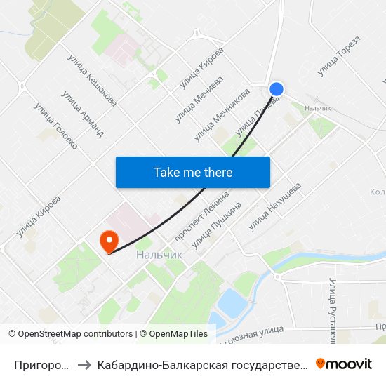 Пригородный Автовокзал to Кабардино-Балкарская государственная сельскохозяйственная академия имени В.М. Кокова. map