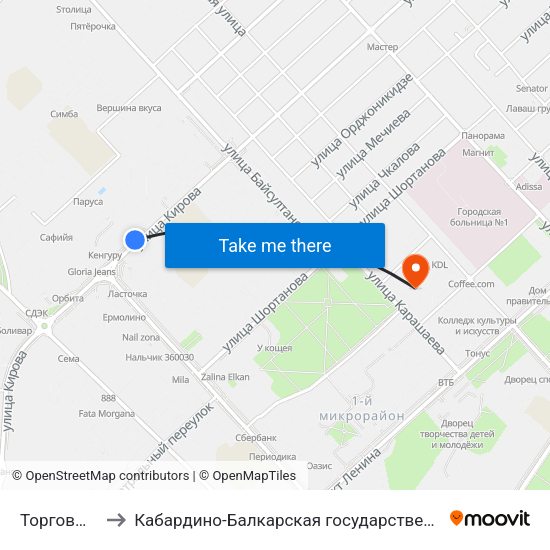Торговый Центр Горный to Кабардино-Балкарская государственная сельскохозяйственная академия имени В.М. Кокова. map