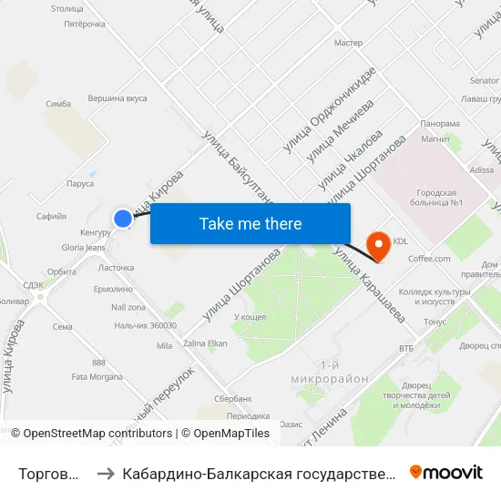 Торговый Центр Горный to Кабардино-Балкарская государственная сельскохозяйственная академия имени В.М. Кокова. map