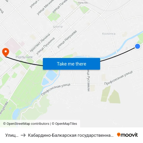 Улица Будаева to Кабардино-Балкарская государственная сельскохозяйственная академия имени В.М. Кокова. map