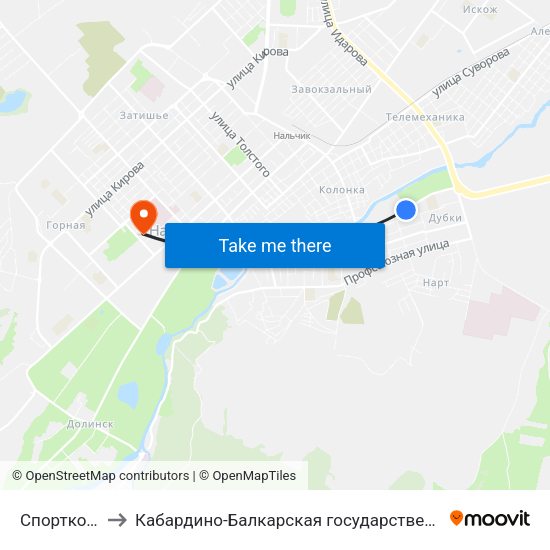 Спорткомплекс Нальчик to Кабардино-Балкарская государственная сельскохозяйственная академия имени В.М. Кокова. map