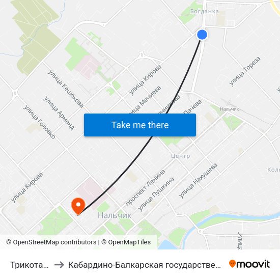 Трикотажный Комбинат to Кабардино-Балкарская государственная сельскохозяйственная академия имени В.М. Кокова. map