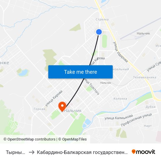 Тырныаузская Улица to Кабардино-Балкарская государственная сельскохозяйственная академия имени В.М. Кокова. map